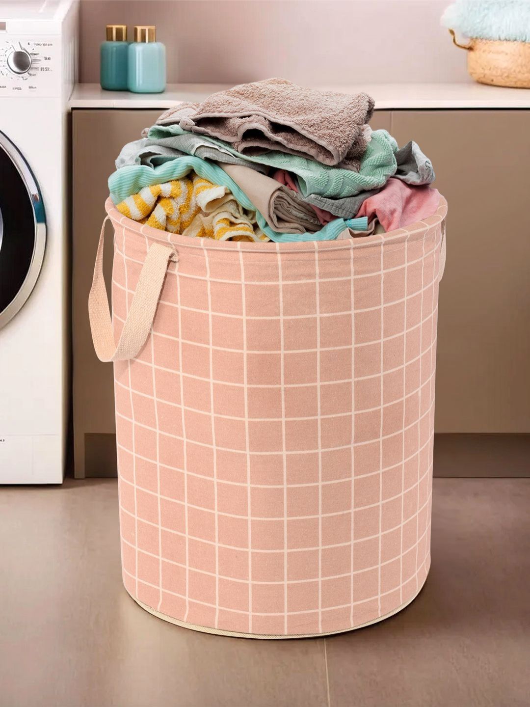 Aura White & Brown Checked Cotton Foldable Laundry Bag - 60 L-image-48