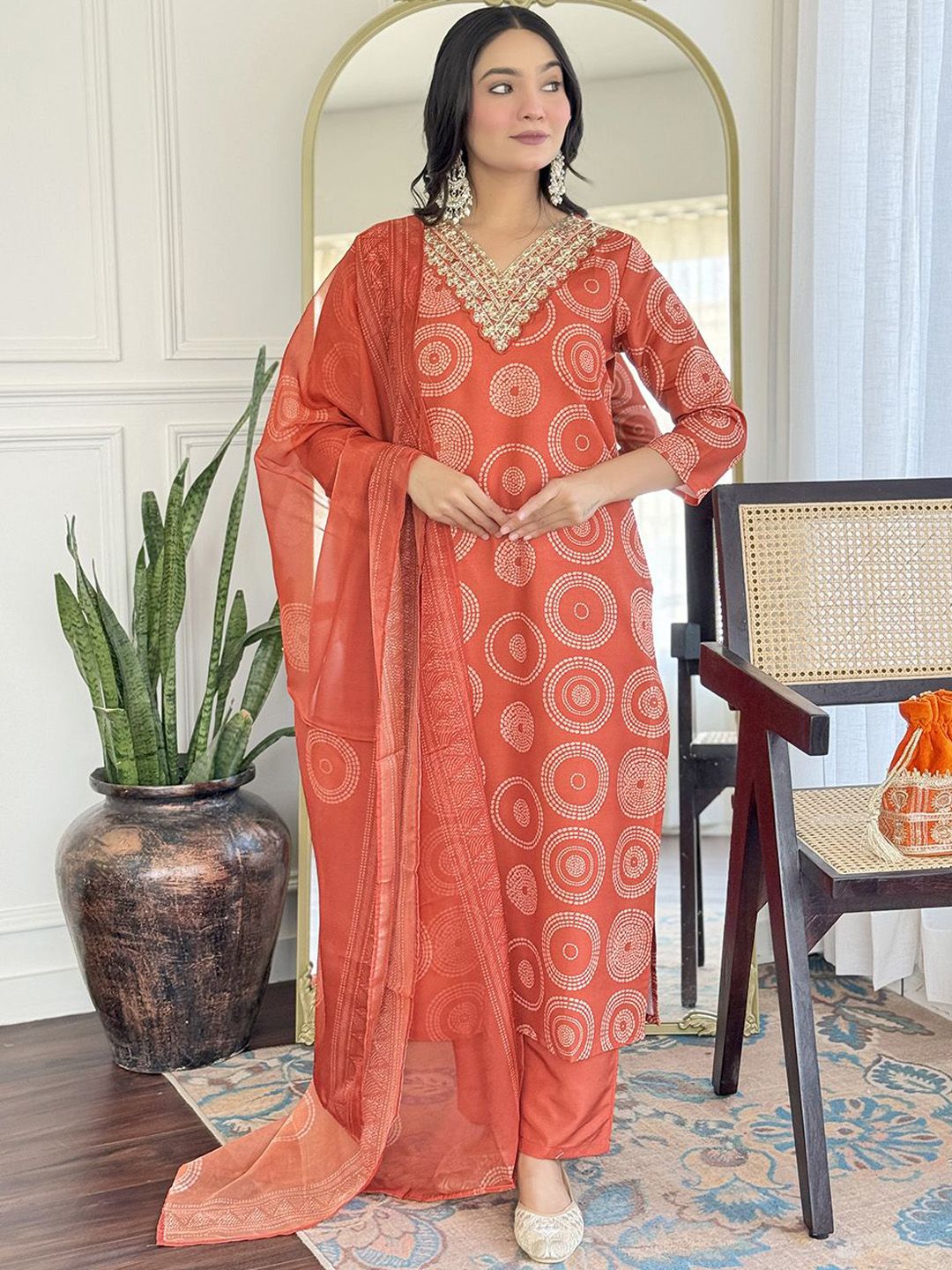 S.K.C Women Bandhani Yoke Design Kurta with Trousers & Dupatta