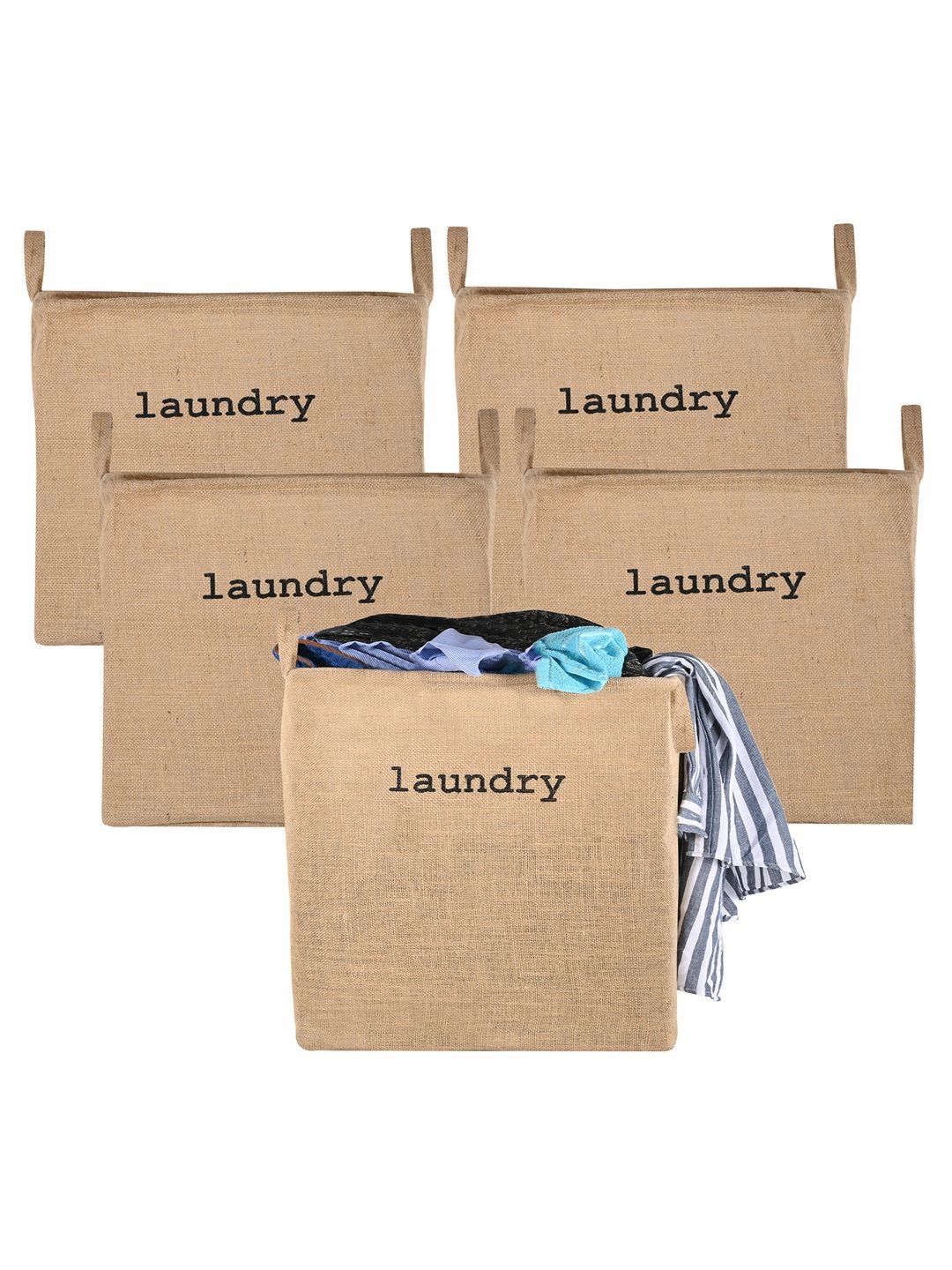 Aura 5Pcs Brown & Black Printed Jute Foldable Laundry Bags With Handles - 55 L Each-image-33