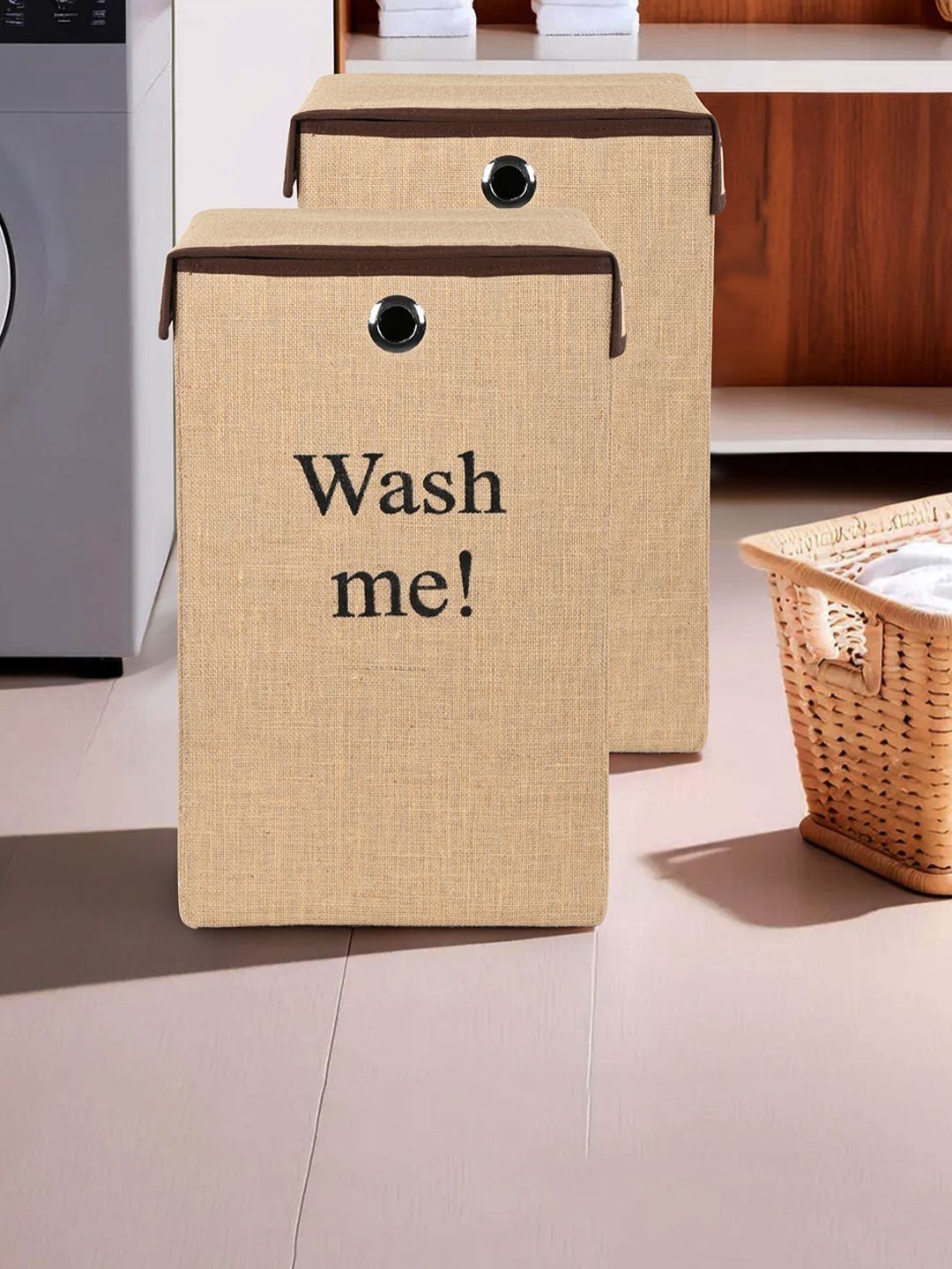 Aura 2Pcs Brown & Black Printed Jute Foldable Laundry Bags With Lid & Ring - 75 L Each-image-34