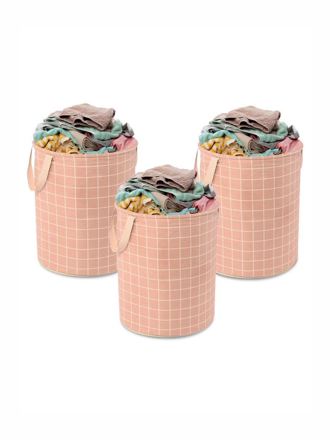 Aura 3Pcs White & Brown Checked Cotton Foldable Laundry Bags - 60 L Each-picture-32