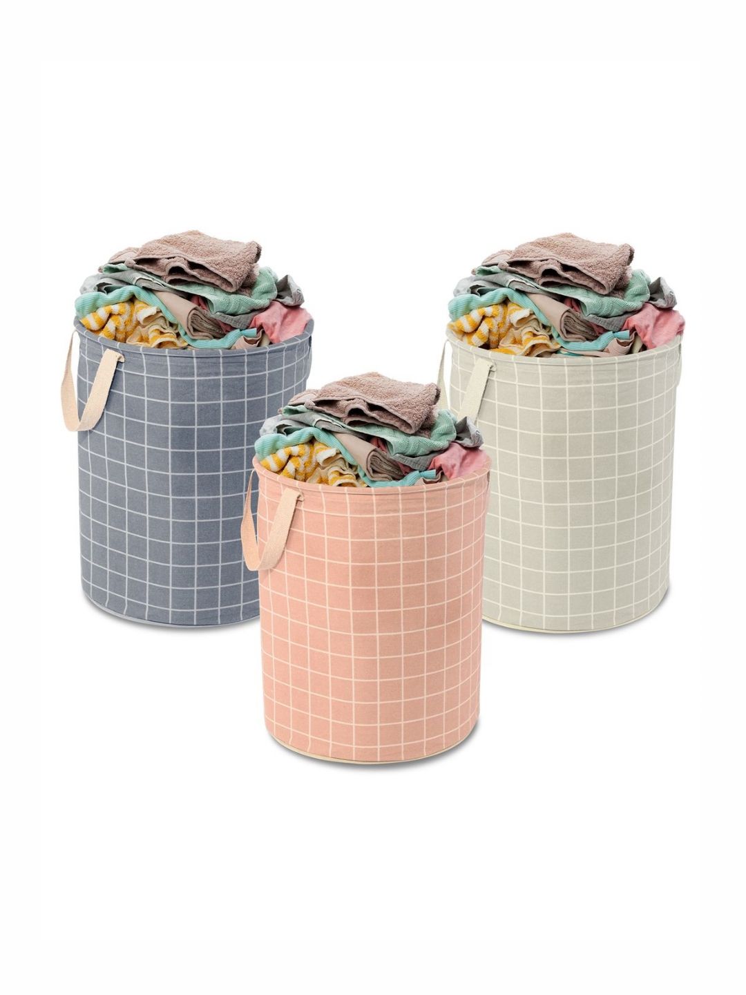 Aura 3Pcs Grey & Brown Checked Cotton Foldable Laundry Bags - 60 L Each-picture-47