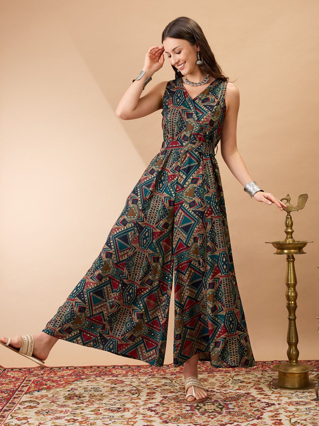 Globus Tribal Print Wrap V-Neck Flared Wide Leg Fusion Jumpsuit with Belt-picture-18