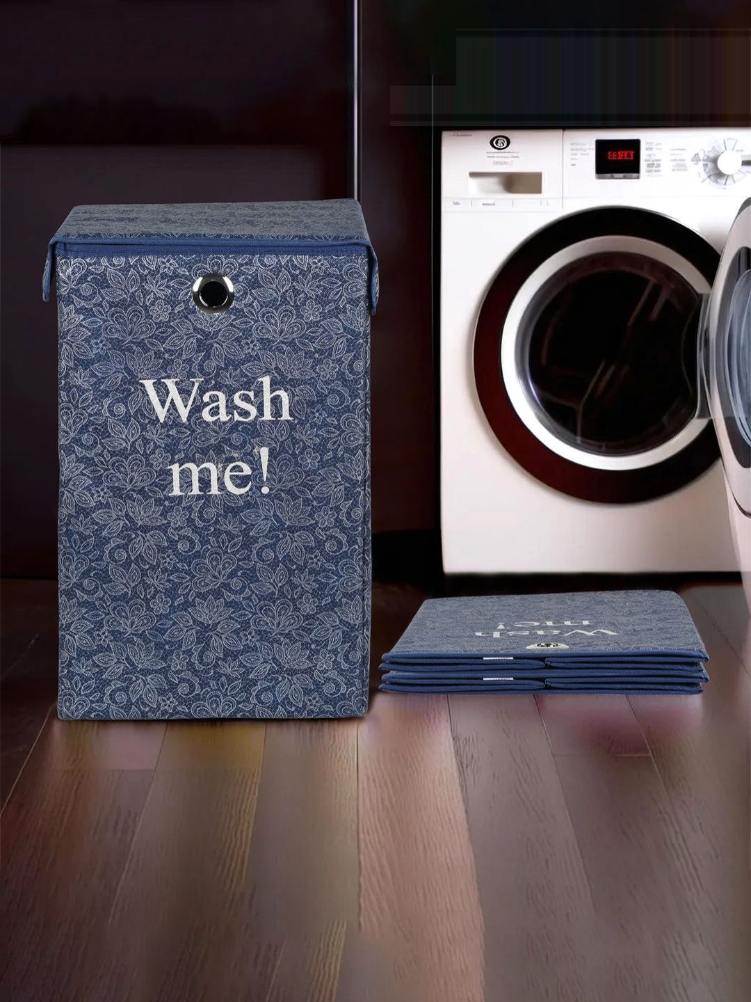 Aura 3Pcs Navy Blue & White Printed Foldable Laundry Bags With Lid & Ring - 75 L Each-picture-43