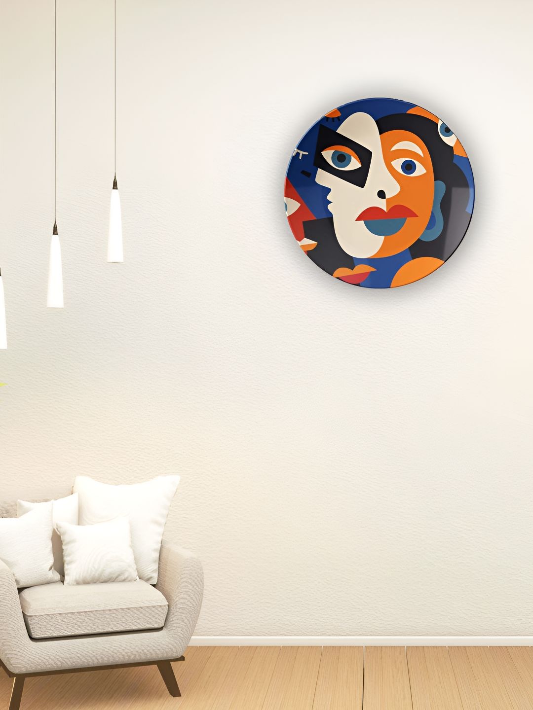 THE QUIRKY HOME Blue & Beige Fragmented Faces Printed Ceramic Wall Plates-picture-22