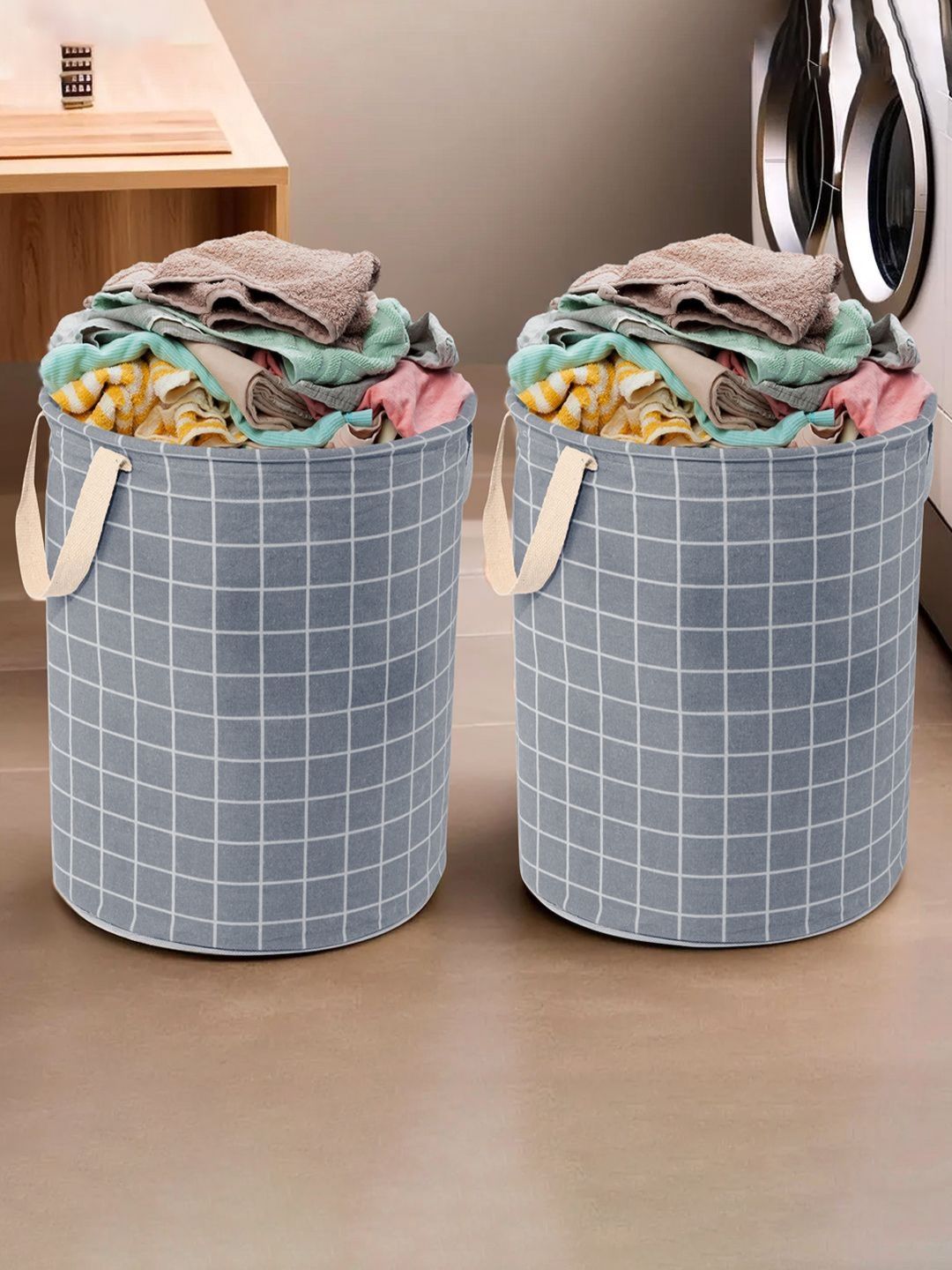 Aura 2Pcs Grey & White Checked Cotton Foldable Laundry Bags - 60 L Each-picture-15