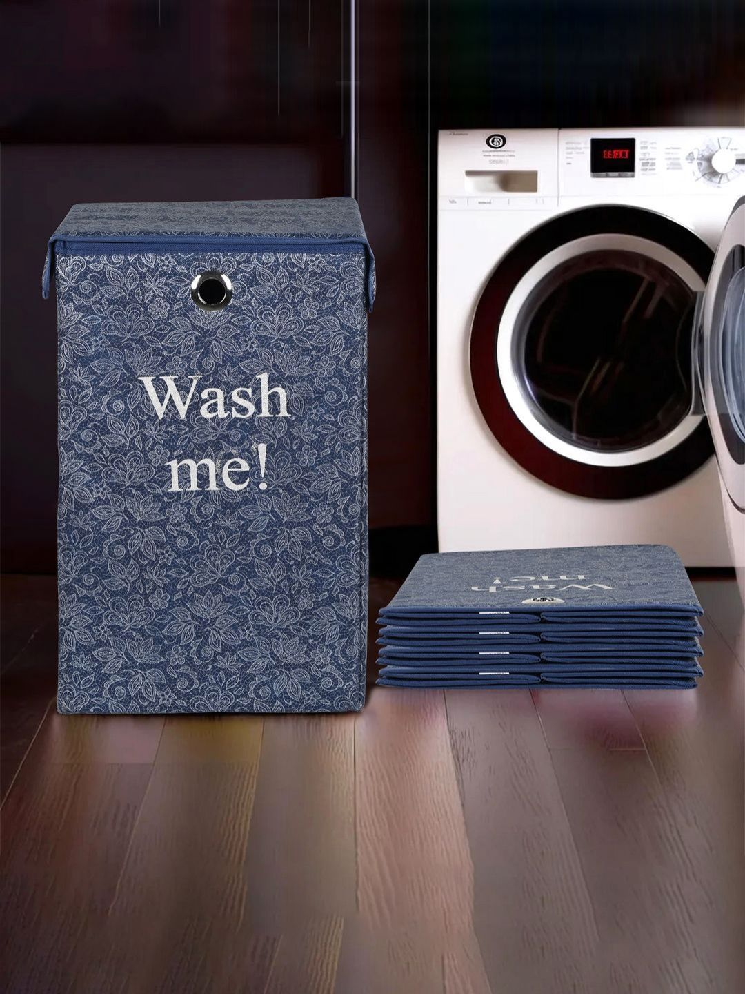 Aura 5Pcs Navy Blue & White Printed Foldable Laundry Bags With Lid & Ring - 75 L Each-picture-41
