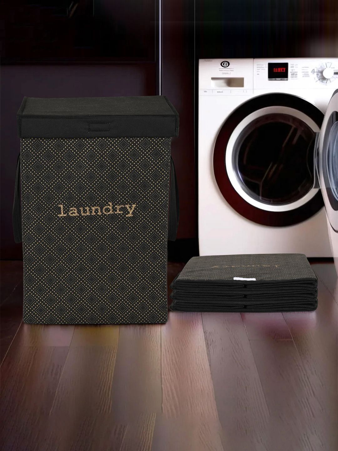Aura 4Pcs Black & Beige Printed Foldable Laundry Bags With Lid & Handles - 75 L Each-picture-19