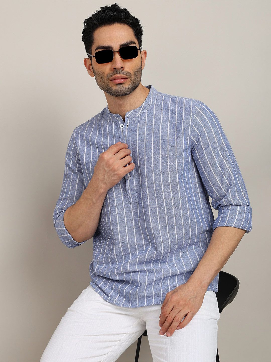 HERE&NOW Striped Mandarin Collar Long Sleeves Pure Cotton Straight Short Kurta-picture-28