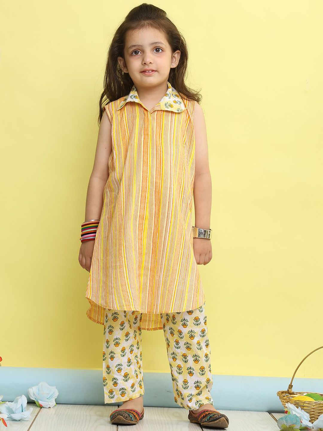 Sangria Girls Striped Cotton Kurta with Trousers-image-4