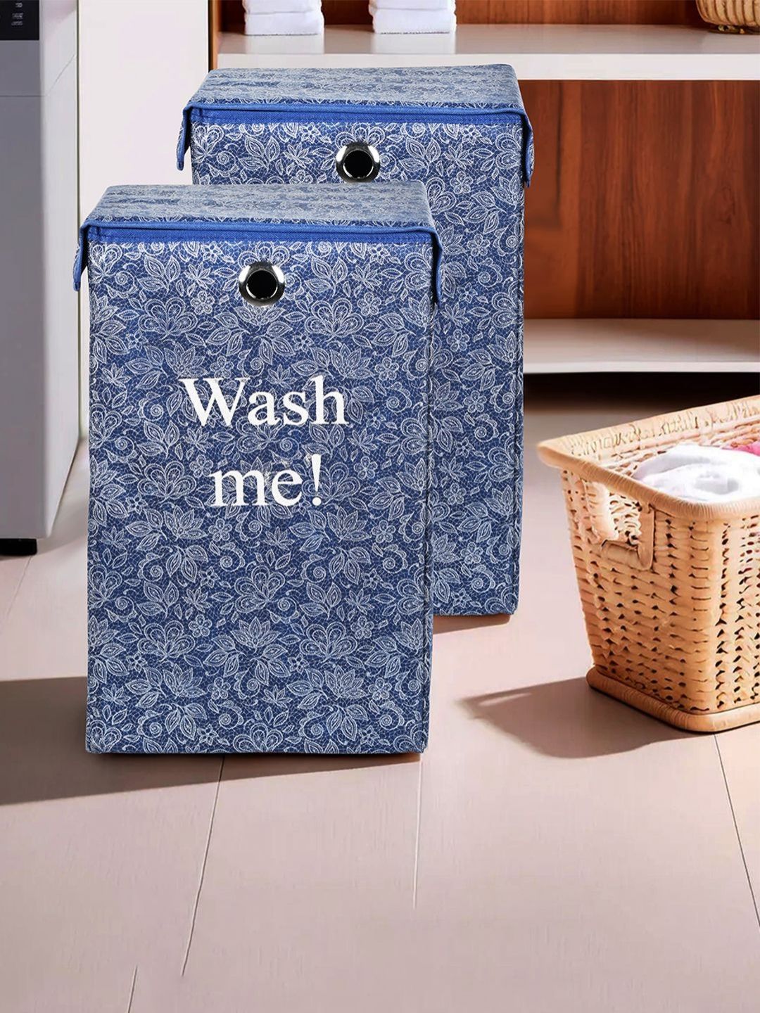 Aura 2Pcs Navy Blue & White Printed Foldable Laundry Bags With Lid & Ring - 75 L Each-picture-44