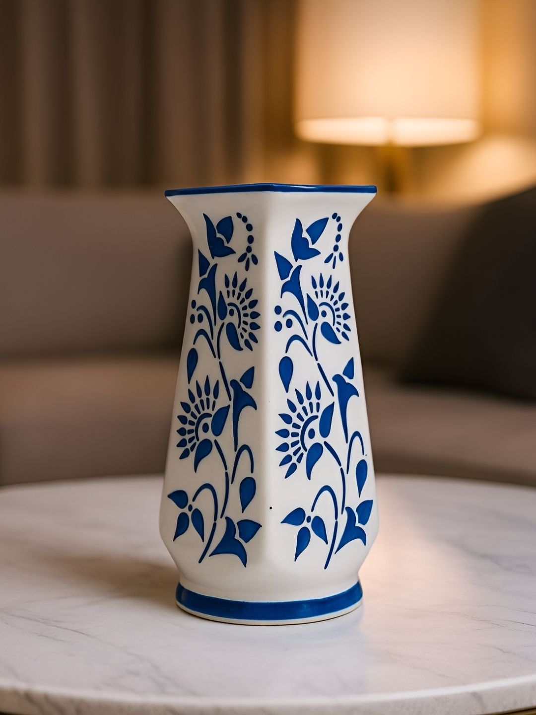 GLOBALLY INDIAN White & Blue Floral Printed Ceramic Flower Vase-picture-10