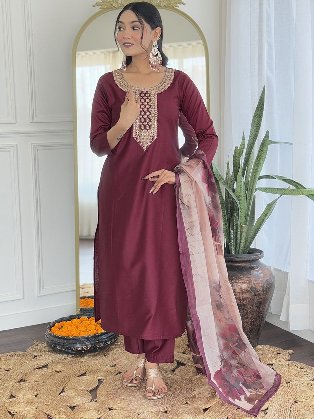 S.K.C Floral Embroidered Thread Work Straight Kurta With Trousers And Dupatta