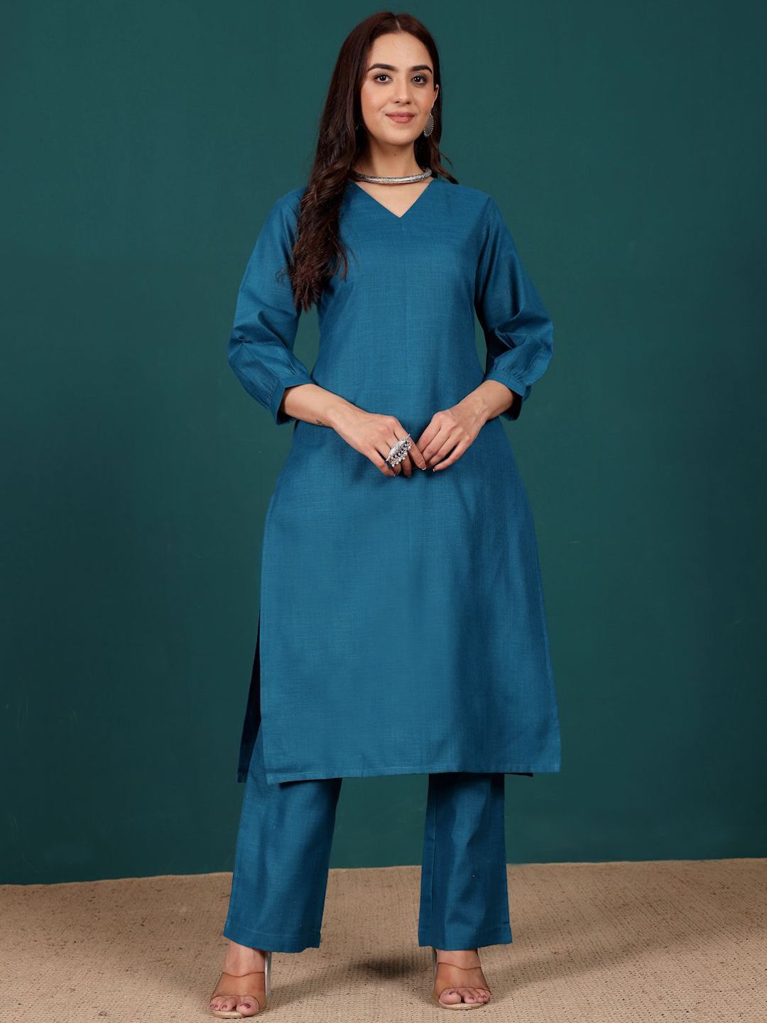 all about you Women Solid Kurta with Trousers
