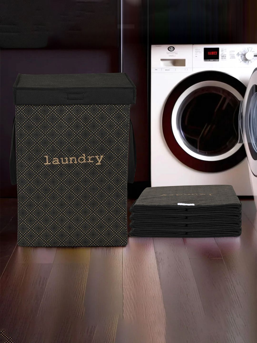 Aura 5Pcs Black & Beige Printed Foldable Laundry Bags With Lid & Handles - 75 L Each-picture-21