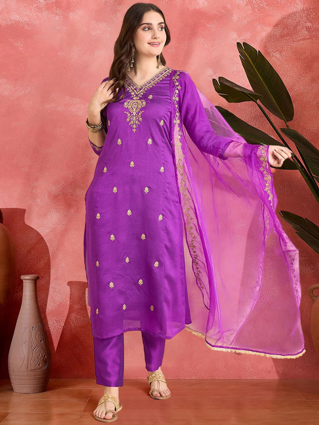 Sangria Floral Embroidered Zari Straight Kurta With Trousers & Dupatta