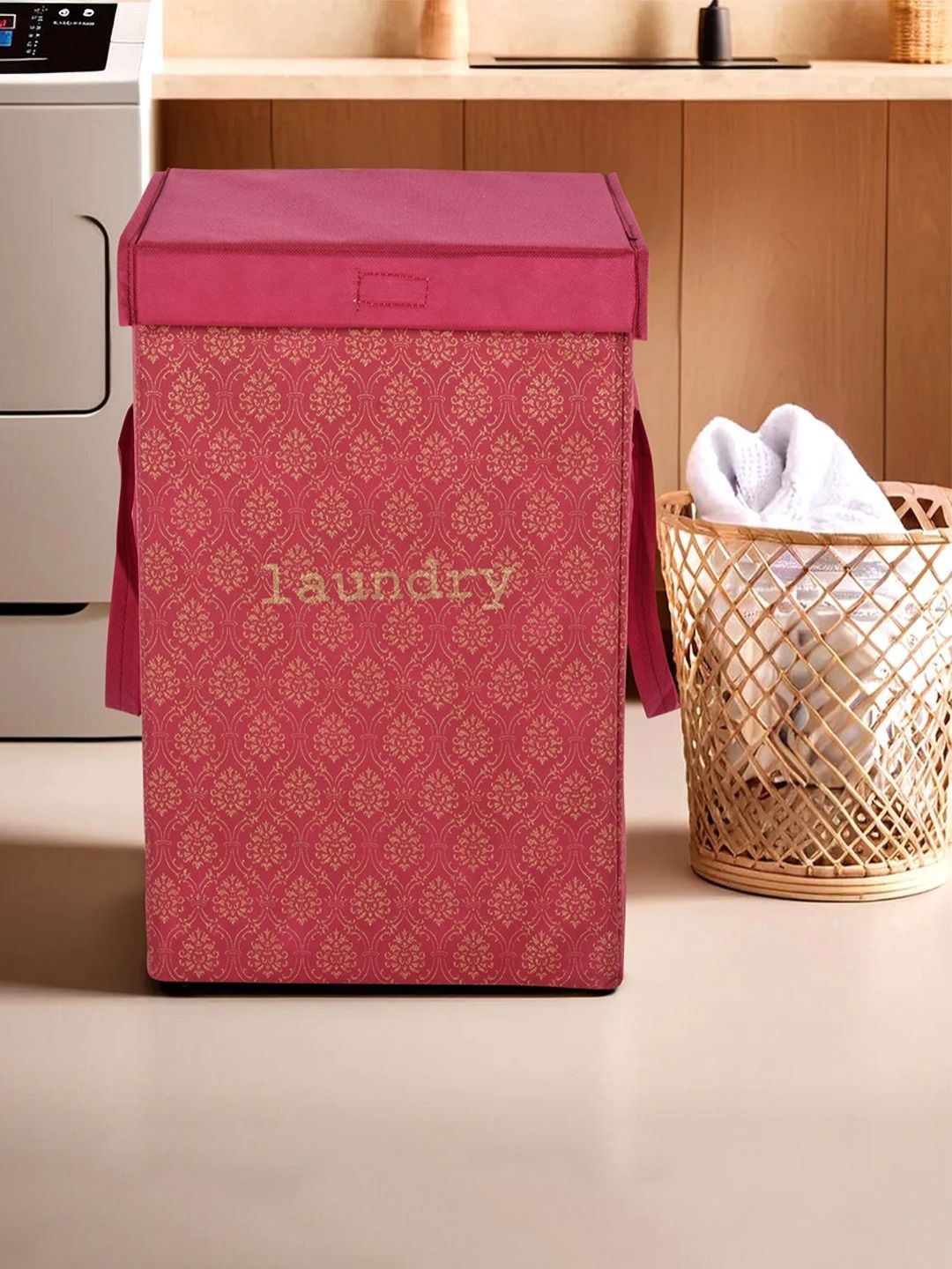 Aura Maroon & Beige Printed Foldable Laundry Bag With Lid & Handles - 75 L-picture-38