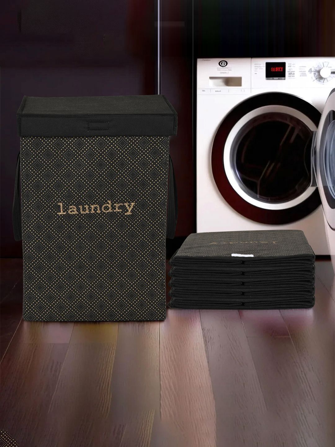 Aura 6Pcs Black & Beige Printed Foldable Laundry Bags With Lid & Handles - 75 L Each-picture-22