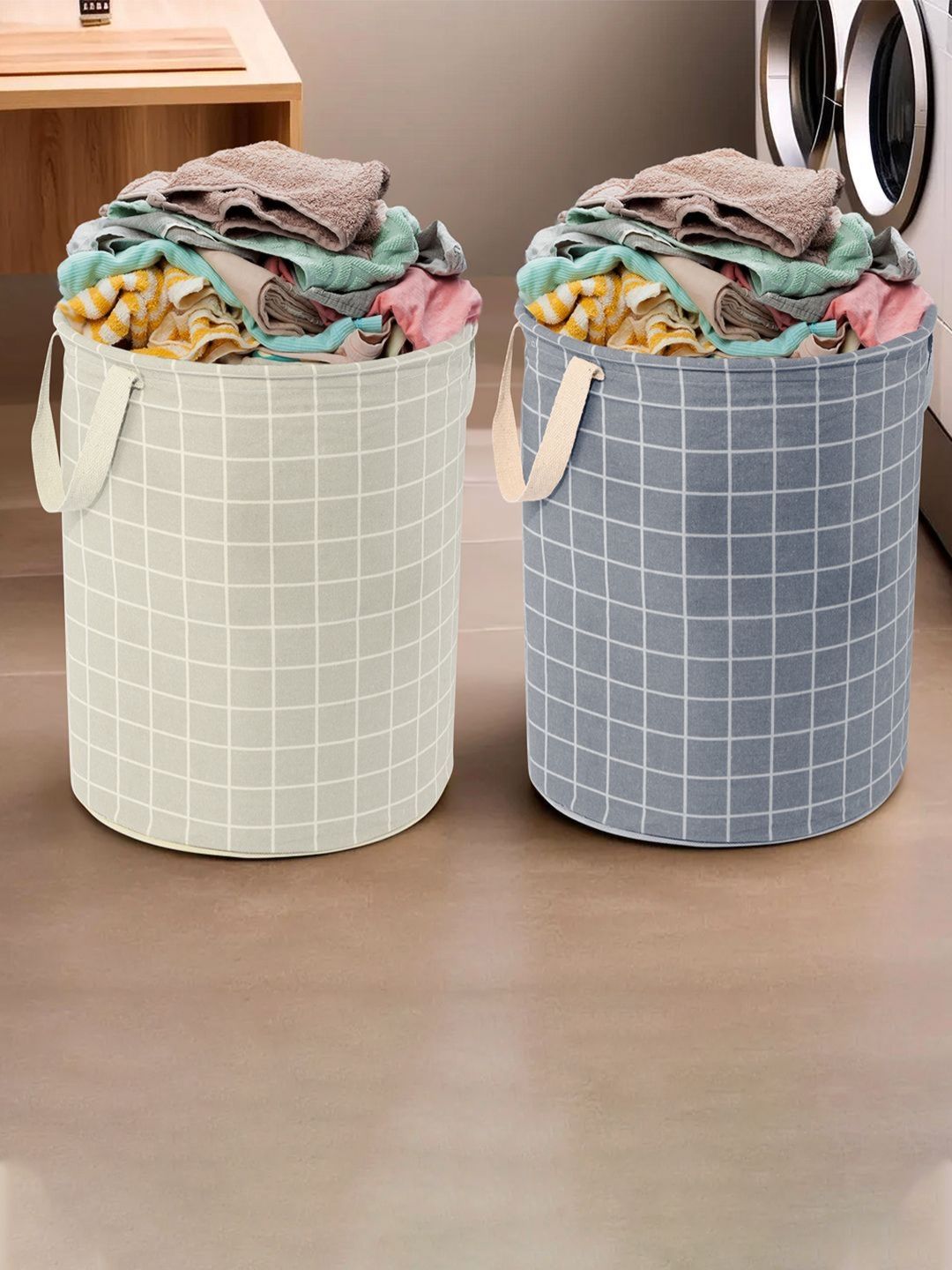 Aura 2Pcs Grey & White Checked Cotton Foldable Laundry Bags - 60 L Each-image-48
