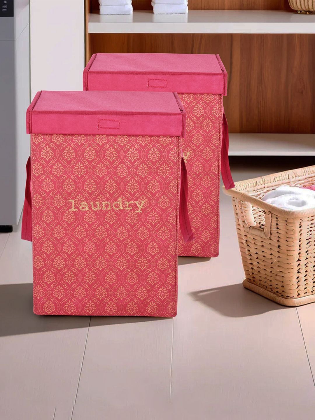 Aura 2Pcs Maroon & Beige Printed Foldable Laundry Bags With Lid & Handles - 75 L Each-picture-20