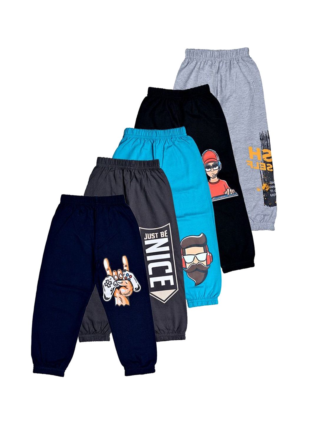 FAZZA Boys Pack Of 5 Printed Pure Cotton Mid-Rise Joggers-picture-36