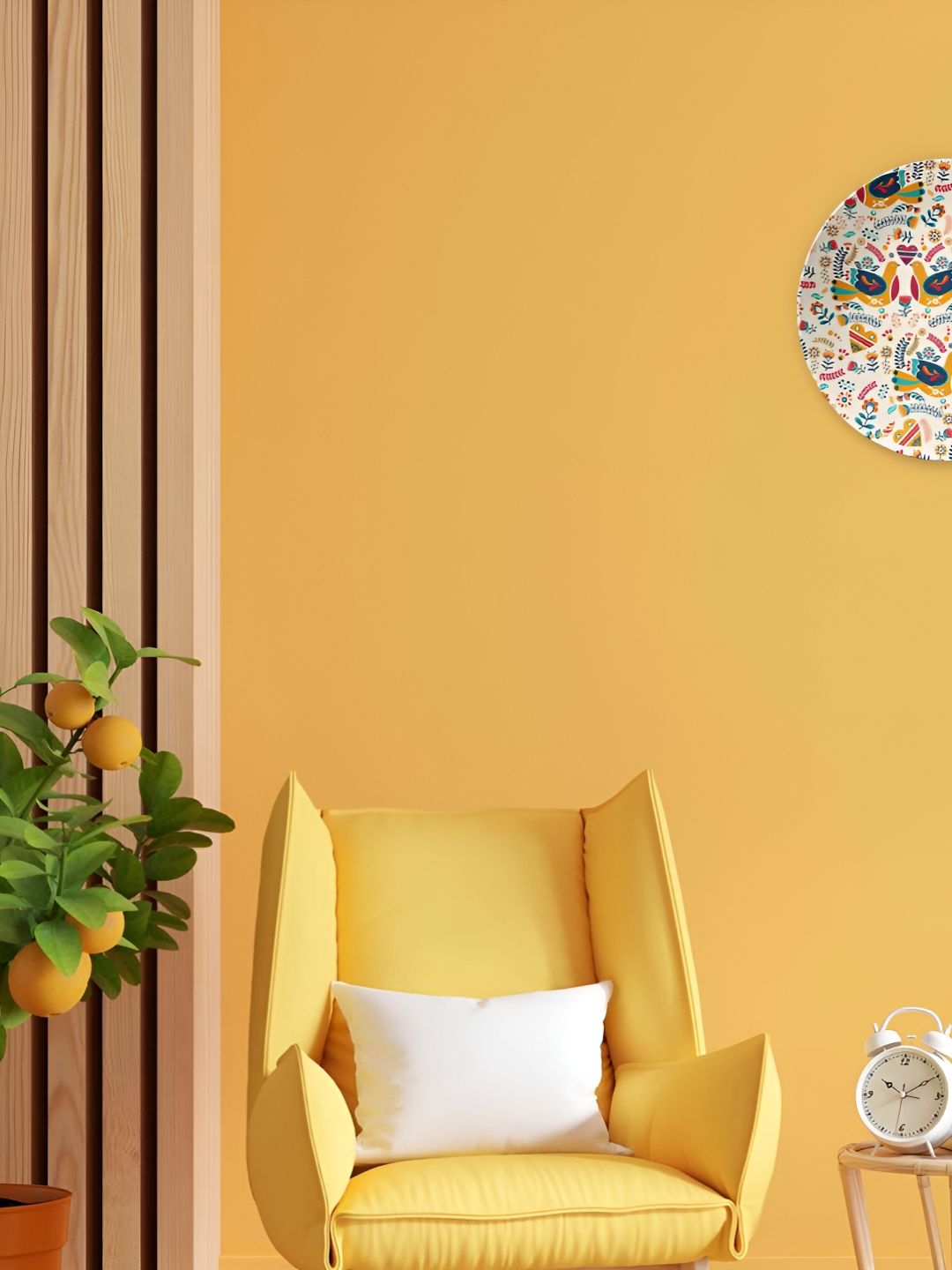 THE QUIRKY HOME White & Yellow Folk Art Birds & Blooms Printed Ceramic Wall Plate-picture-31