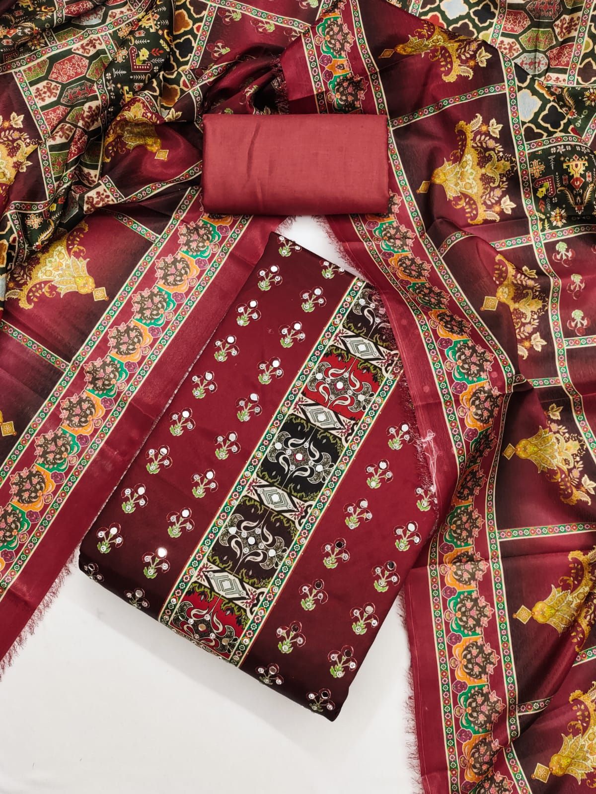 HE VAHLA Ethnic Motifs Printed Mirror & Diamond Work Silk Unstitched Dress Material