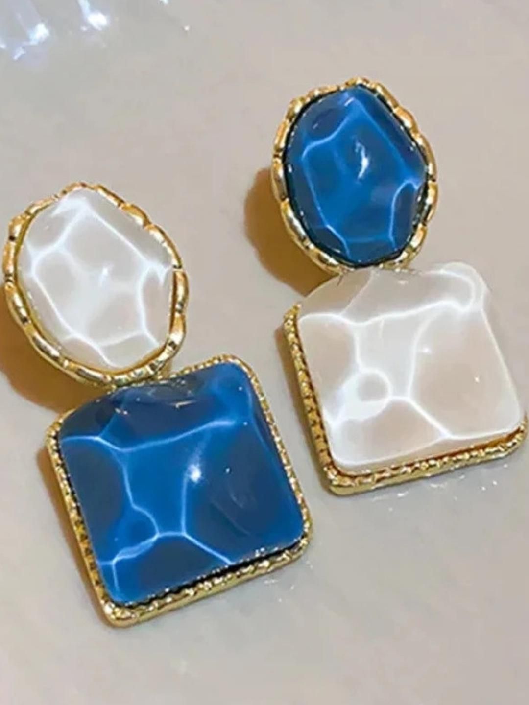 AKISON JEWELS Women Gold Plated Blue White Stone Studded Drop Earrings-picture-28