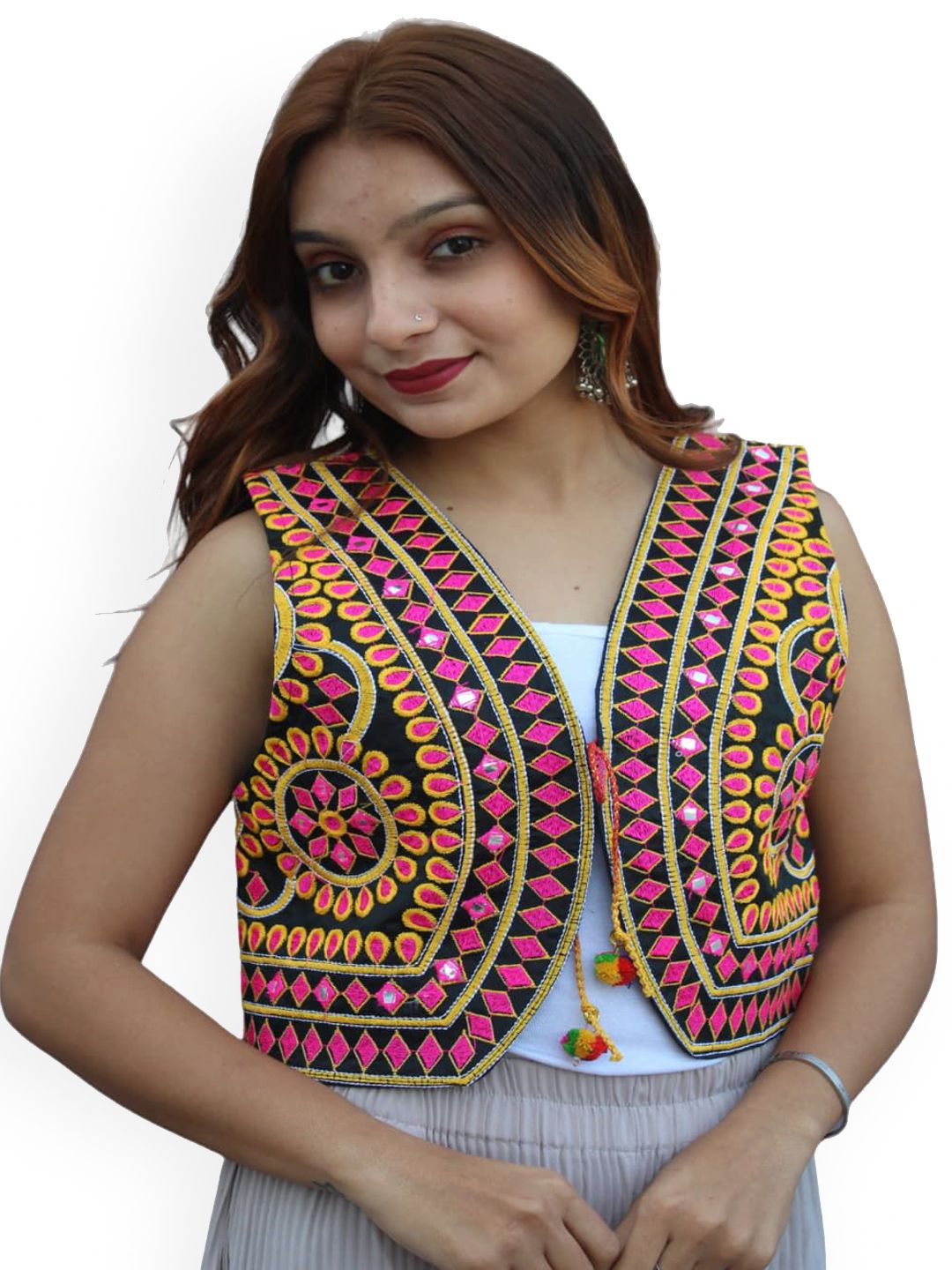 Prijam Women Collarless Self Design Ethnic Denim Jacket-image-11