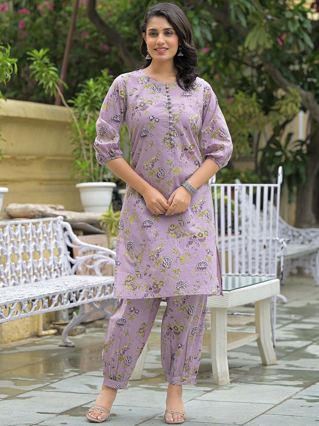 KALINI Floral Printed Pure Cotton Straight Kurta With Trousers
