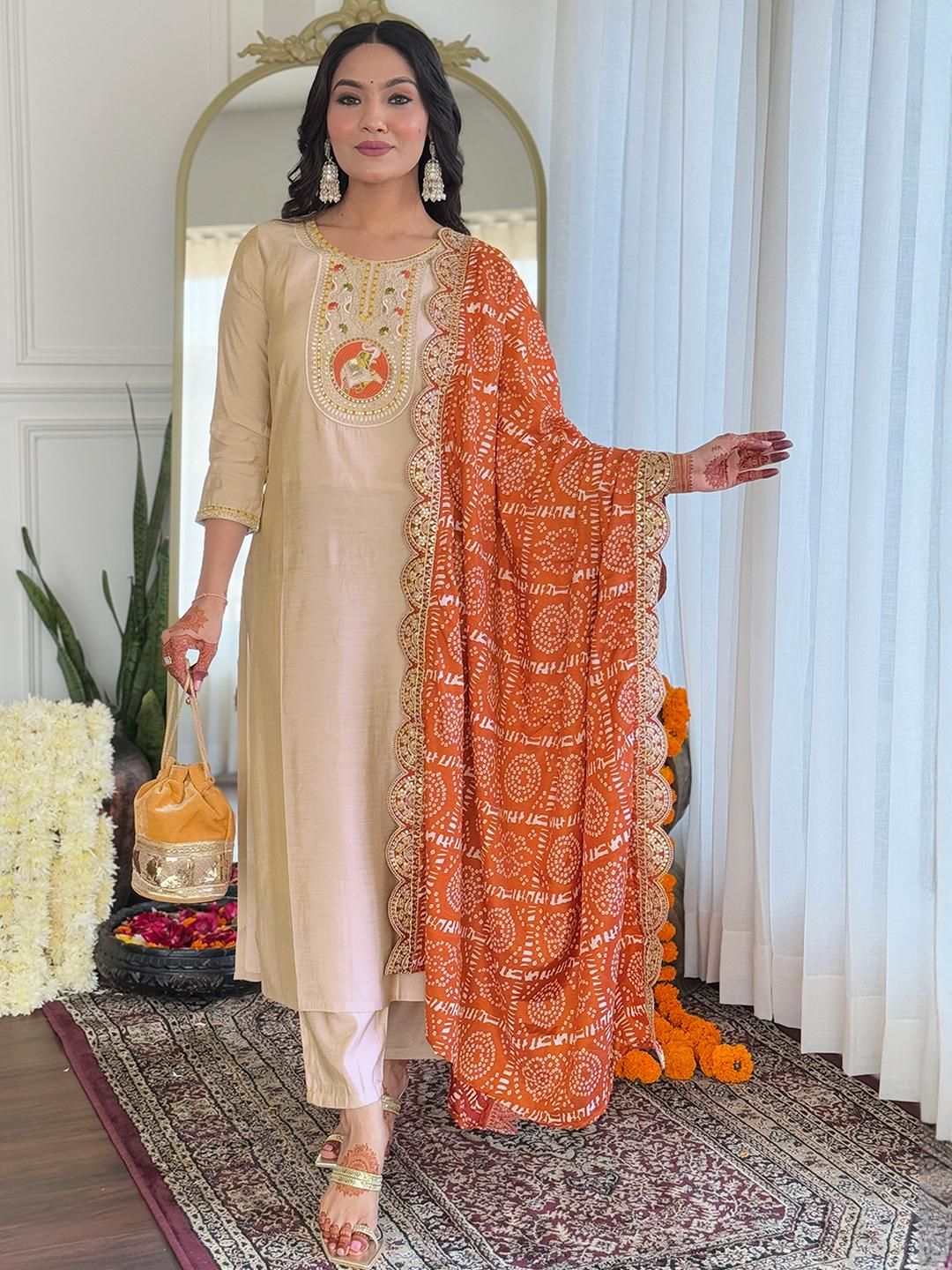 URMIR FASHION Beige Viscose Rayon Kurta Sets