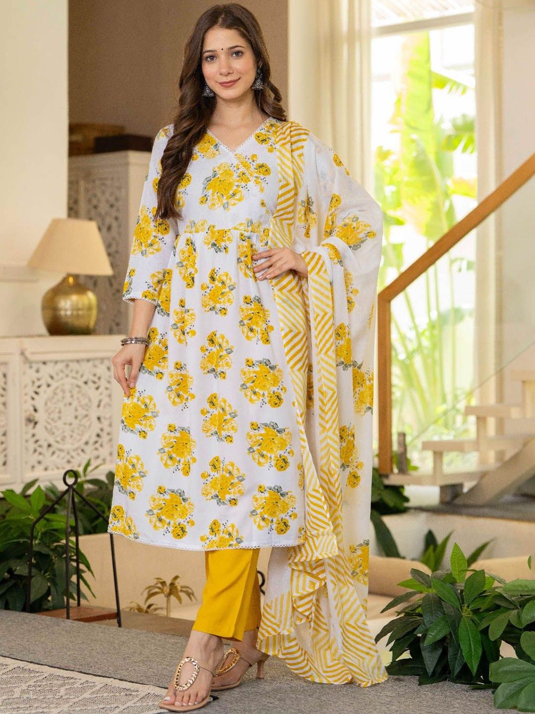 Dholiwal Fashion Women Floral Printed Cotton Kurta with Trousers & Dupatta