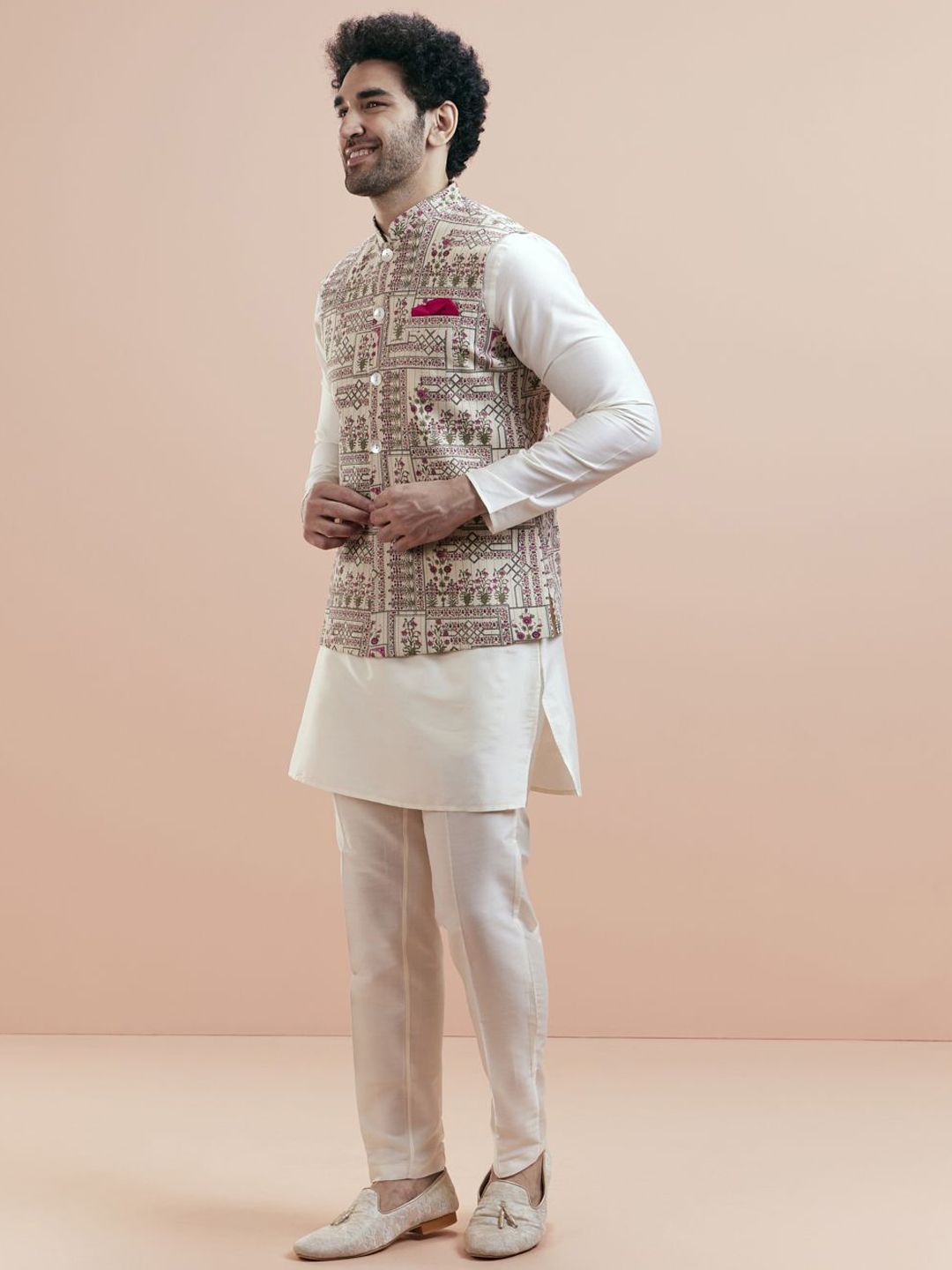 KISAH Men Multi Floral Mid Kurta Jacket Trouser Set-image-2