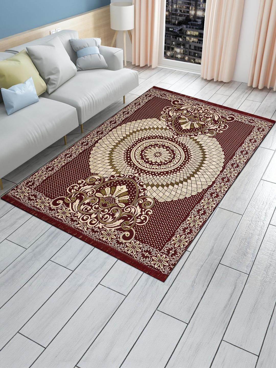 Furnishing Hut Maroon Ethnic Motifs Anti-Skid Cotton Carpet-picture-16