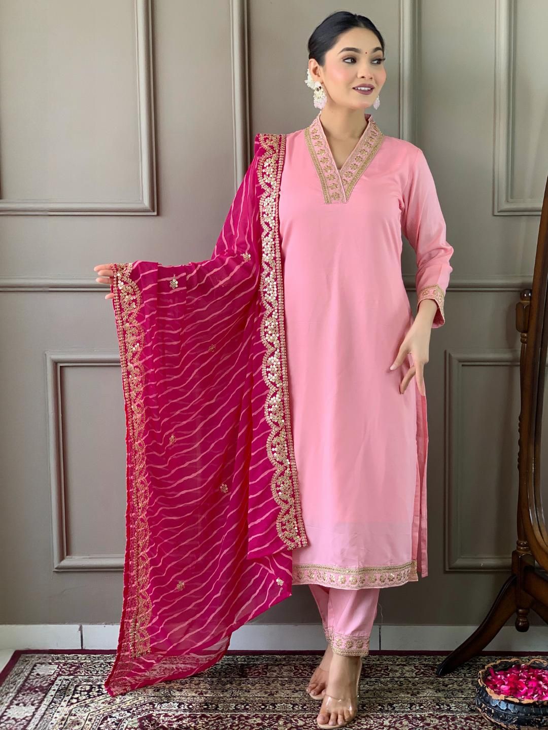 URMIR FASHION Pink Viscose Rayon Kurta Sets
