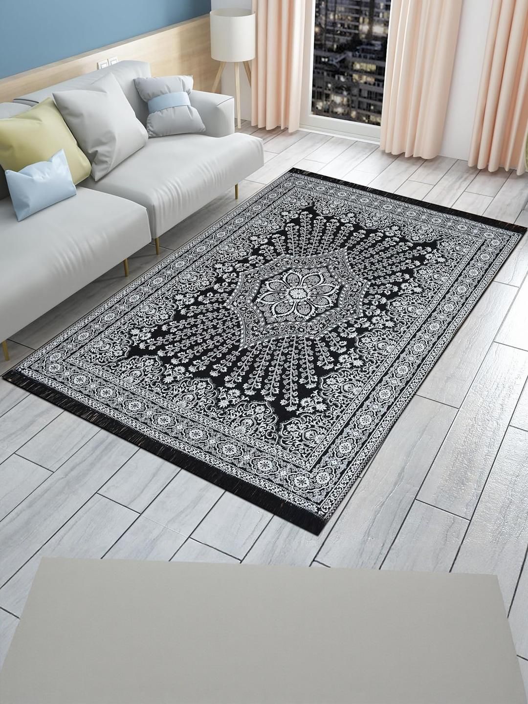 Furnishing Hut Black Floral Anti-Skid Cotton Carpet-picture-49