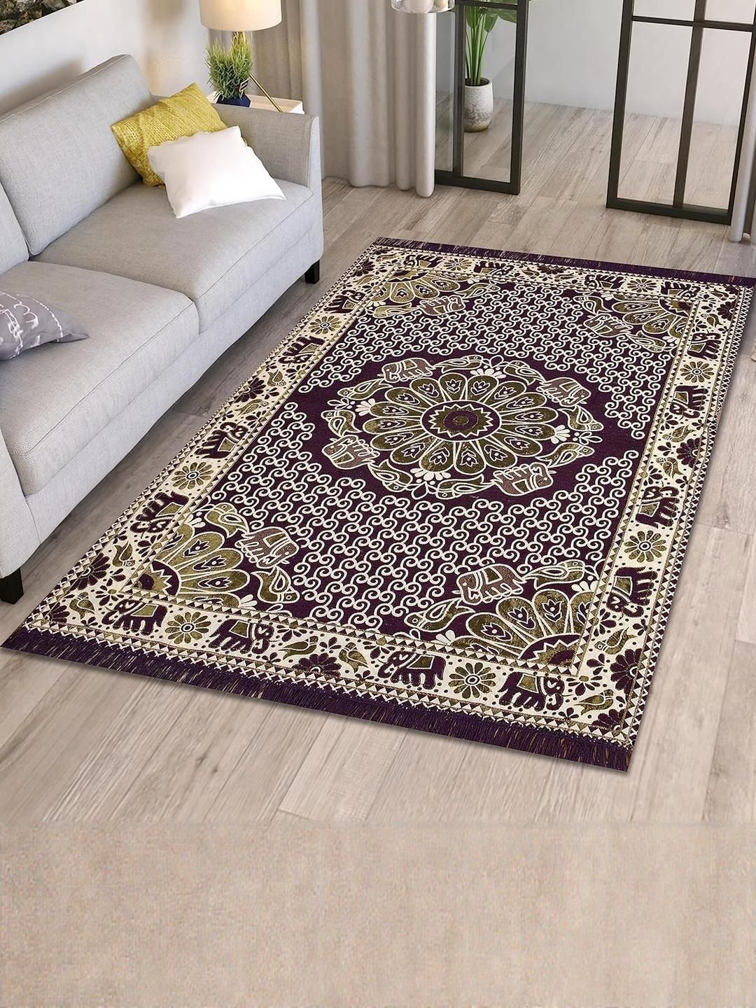 Furnishing Hut Purple & White Ethnic Motifs Printed Non-Slip & Durable Chenille Carpet-picture-34