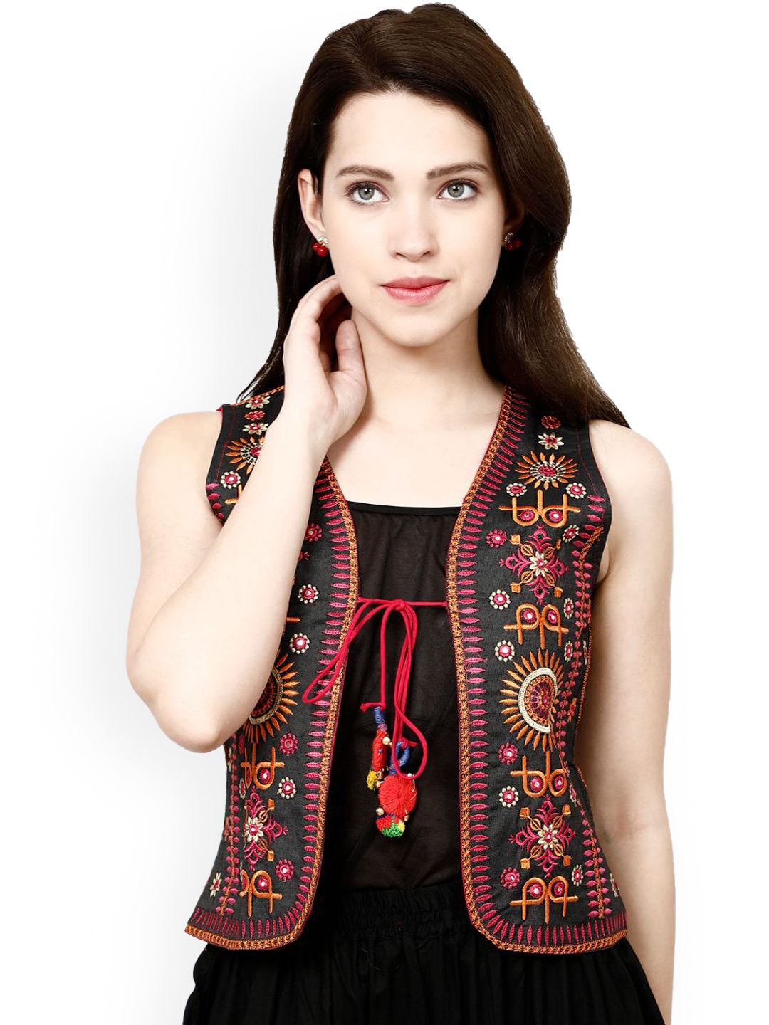 Prijam Women Collarless Self Design Ethnic Denim Jacket