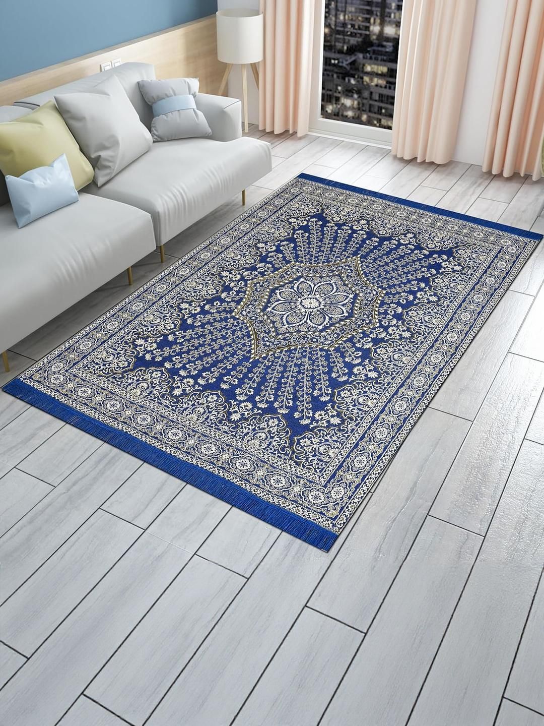 Furnishing Hut Blue & White Floral Printed Non-Slip & Durable Cotton Carpet-picture-21