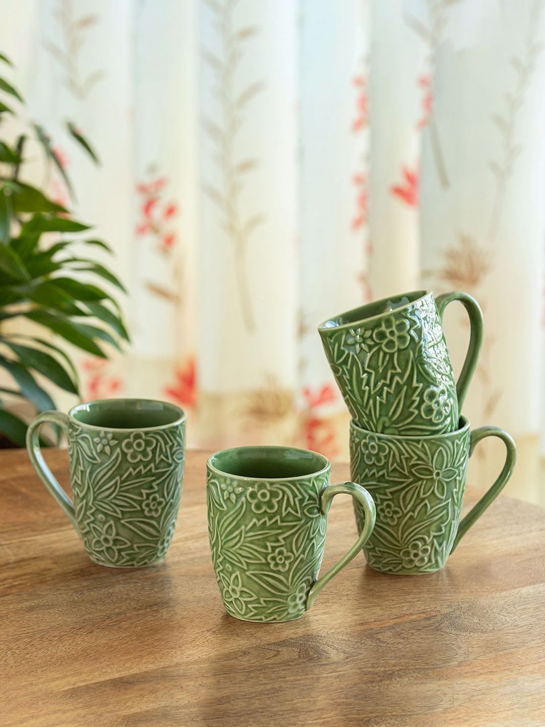 ExclusiveLane Green & White 4 Pieces Textured Ceramic Glossy Mugs 290ml-picture-21