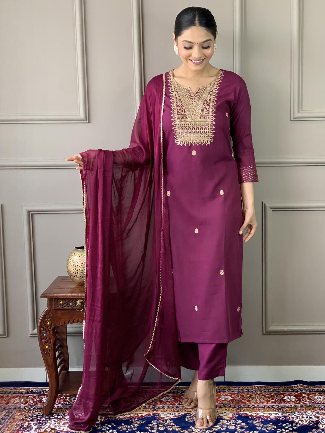 URMIR FASHION Wine Embroidered Regular Gotta Patti Kurta with Trousers & With Dupatta