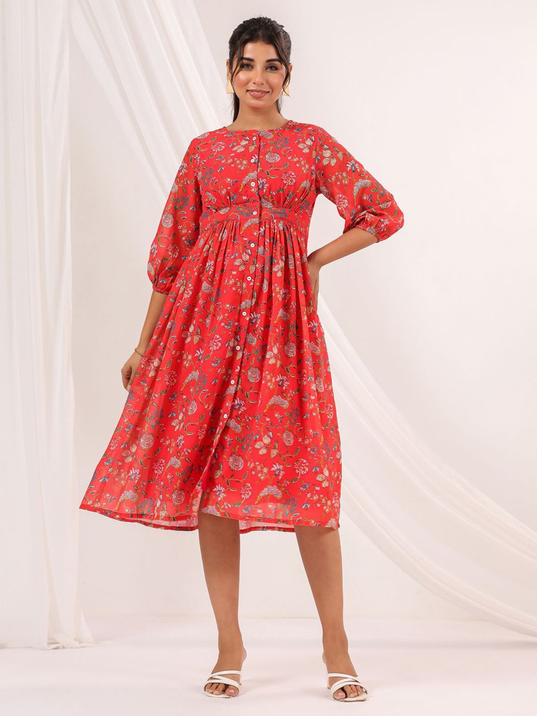 Janasya Women Floral Printed Puff Sleeve Georgette Fit & Flare Midi Dress