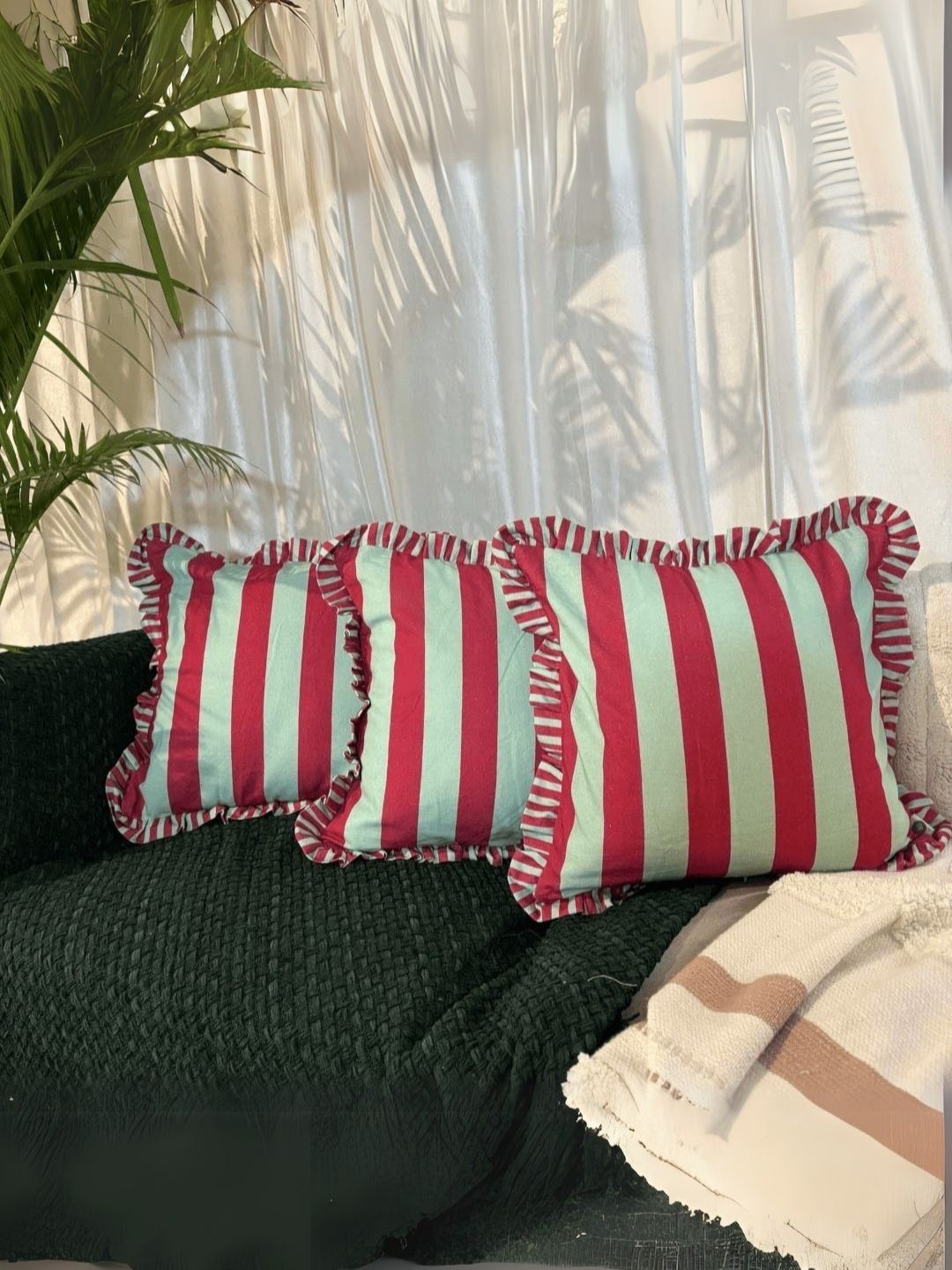LUSHLYF Green & Maroon 3 Pieces Striped Pure Cotton Square Cushion Covers-image-11