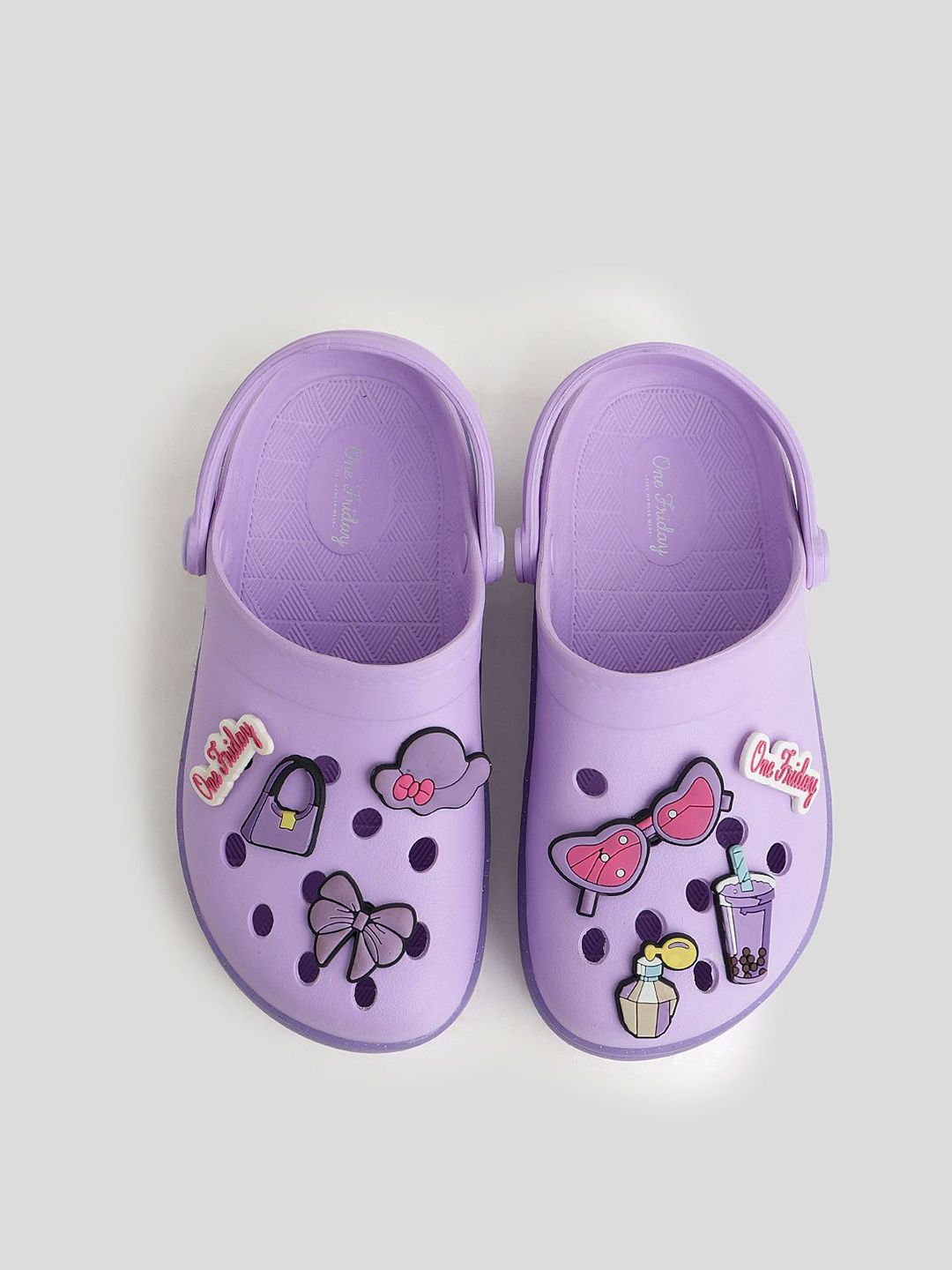 One Friday Girls Lilac Charm Clogs with Glitter Sole & Strap Lightweight Rubber Clogs