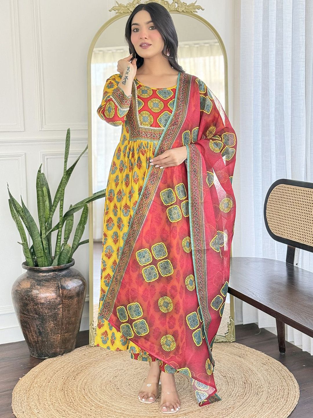 KALINI Floral Printed Thread Work A-Line Kurta with Churidar And Dupatta