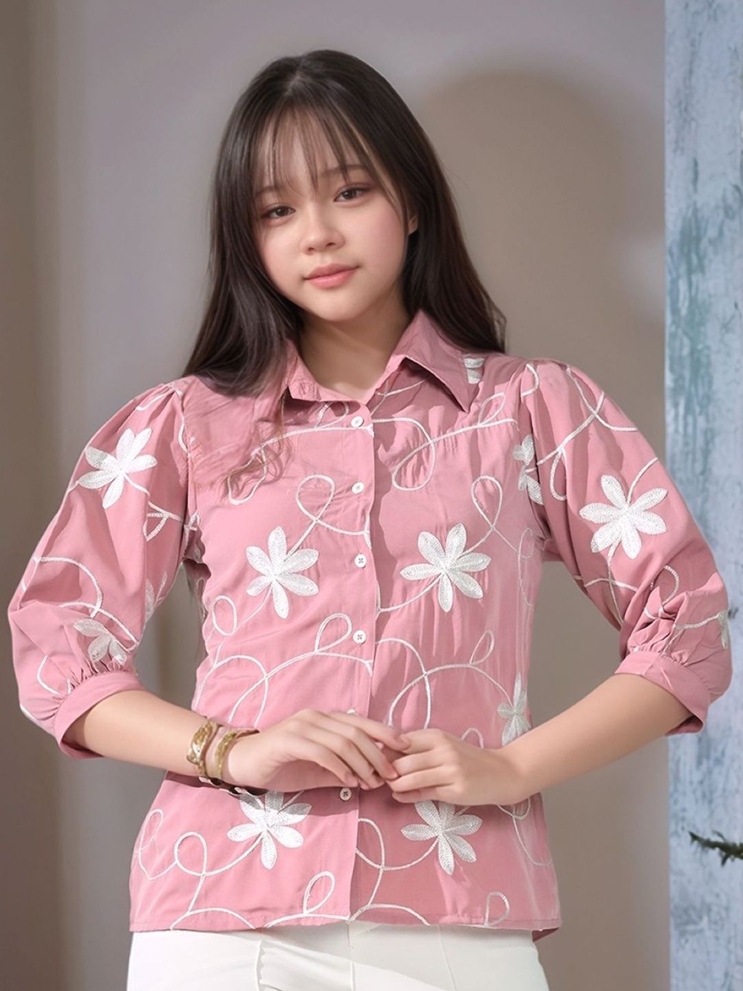 Myshka Girls Floral Embroidered Shirt Style Top