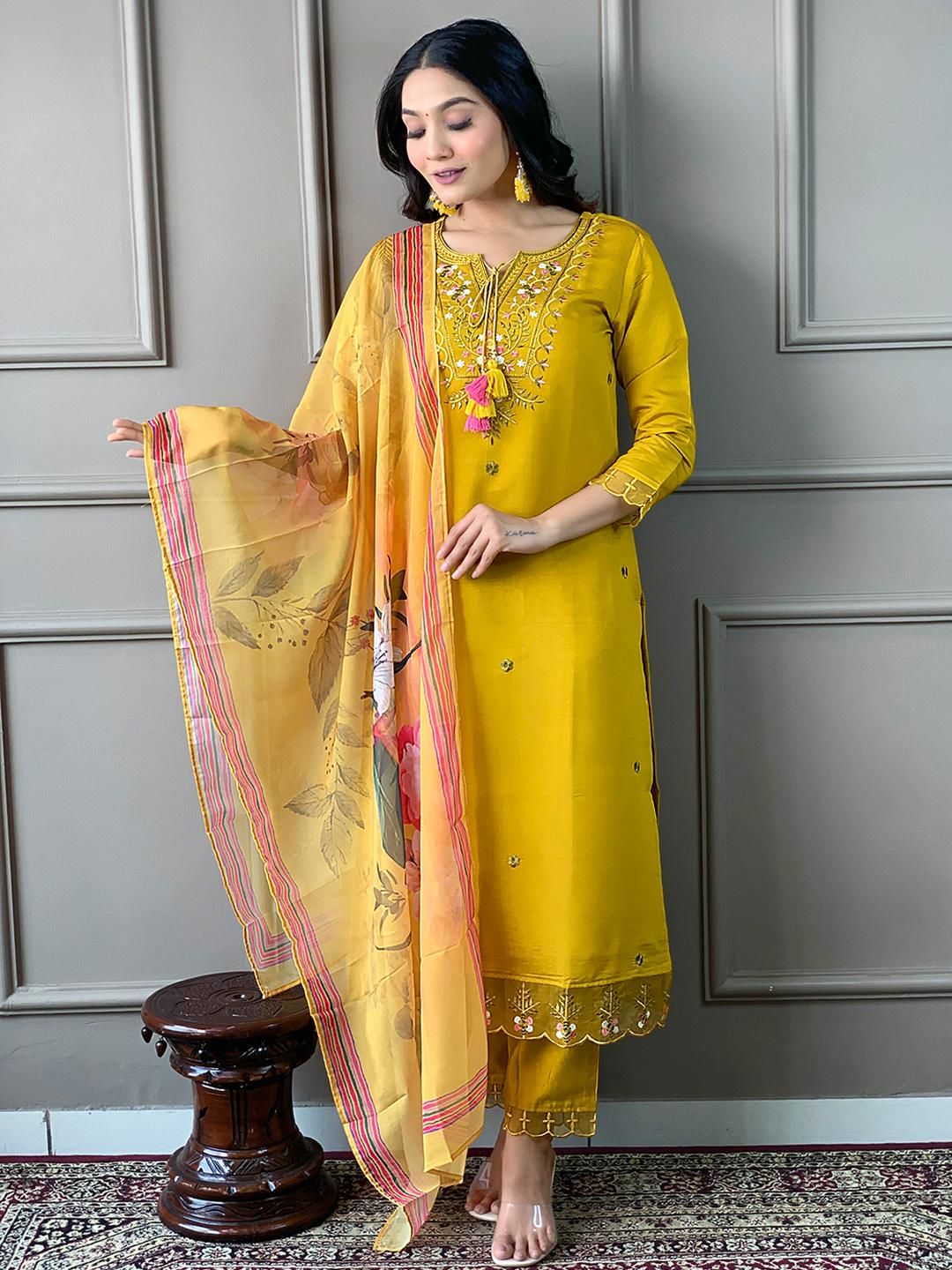 URMIR FASHION Mustard Chanderi Silk Kurta Sets