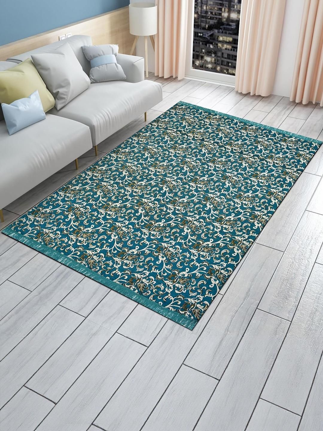 Furnishing Hut Blue & White Ethnic Motifs Printed Non-Slip & Durable Chenille Carpet-picture-19