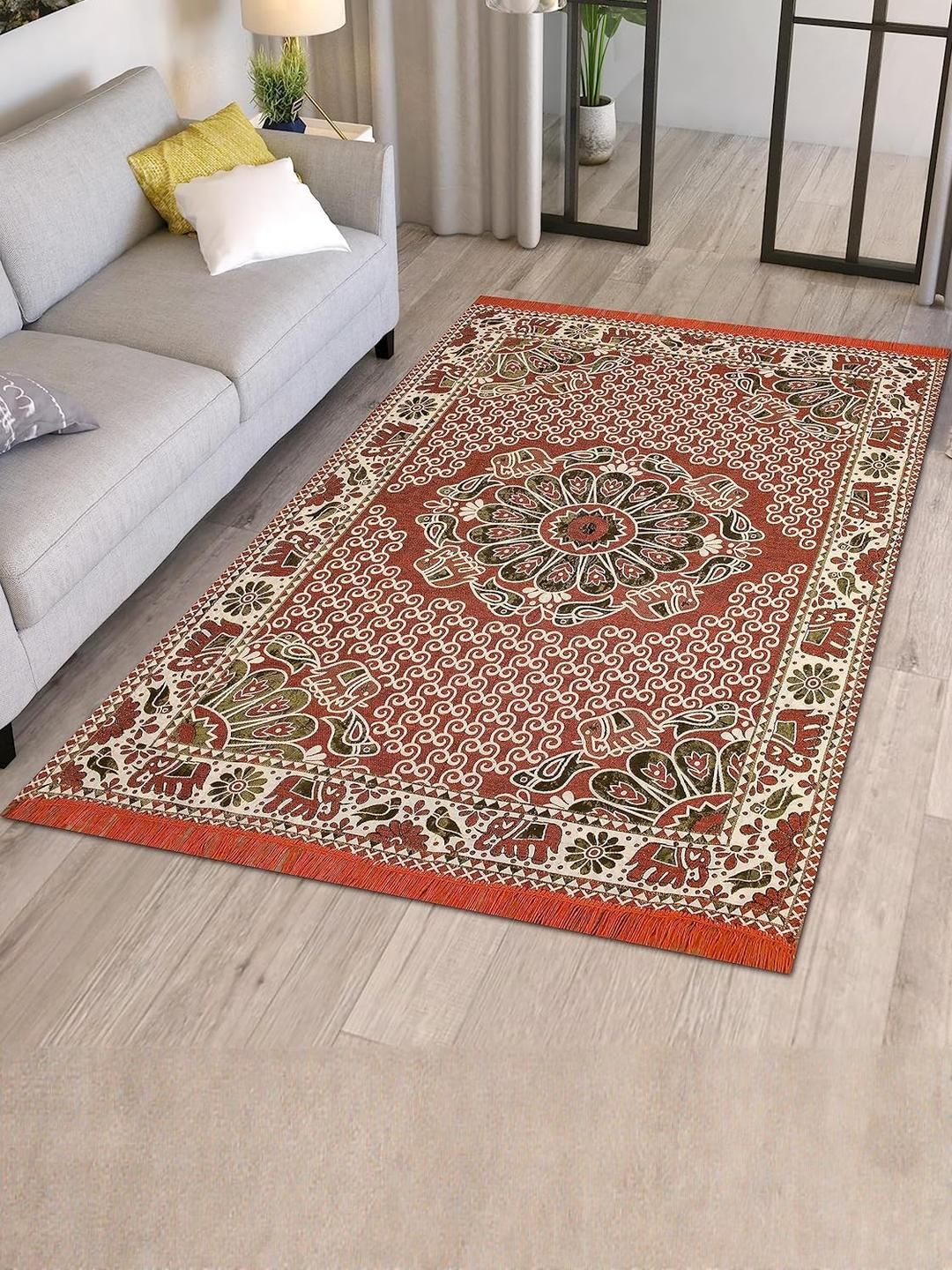 Furnishing Hut Rust Floral Anti-Skid Cotton Carpet-picture-41