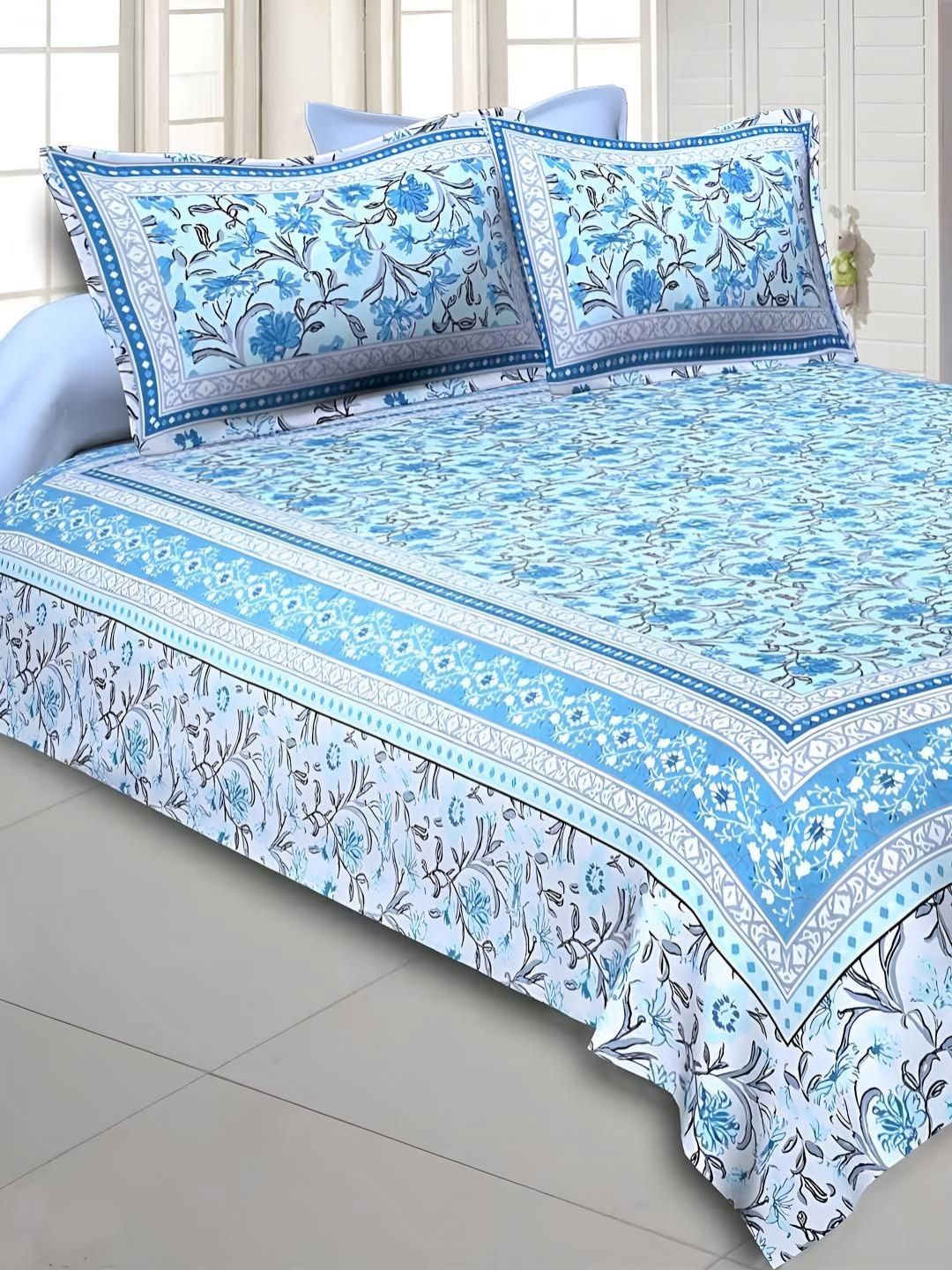 Bombay Spreads Blue & Off White Floral 180 TC King Bedsheet with 2 Pillow Covers-picture-12